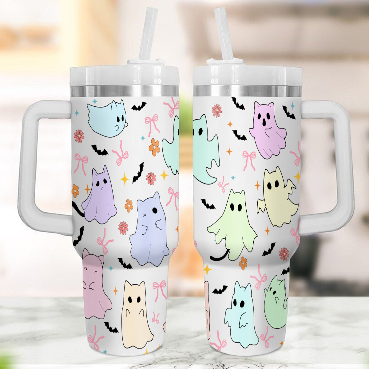 Petthouse | Cute Ghost Cats Halloween 40Oz Tumbler, Ghost Cat Stainless Steel Tumbler, Cat Ice Coffee Cup