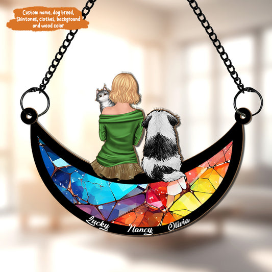 Petthouse | Custom Girl Sitting On The Moon Suncatcher, Best Friend Ornament, Cat Dog Memorial