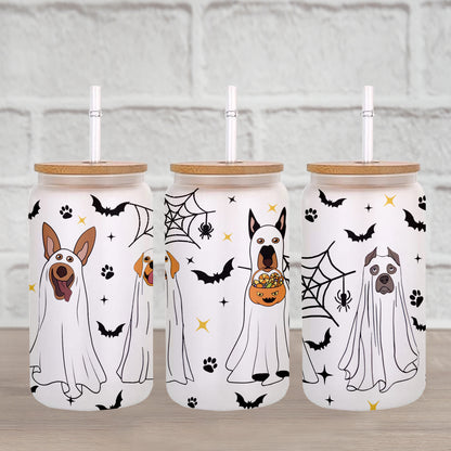 Petthouse | Cute Ghost Dog Coffee Cup, Glass Can Cup With Lid And Straw, Spooky Halloween Dogs Ghost