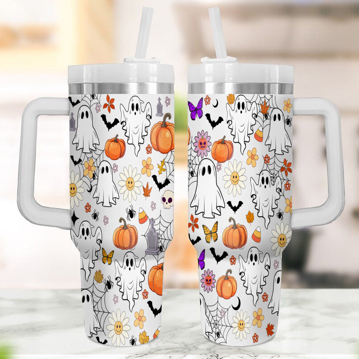 Petthouse | Retro Halloween Doodles 40oz Tumbler, Ghost Spooky Season, Haunted Ghost Pumpkin Spooky