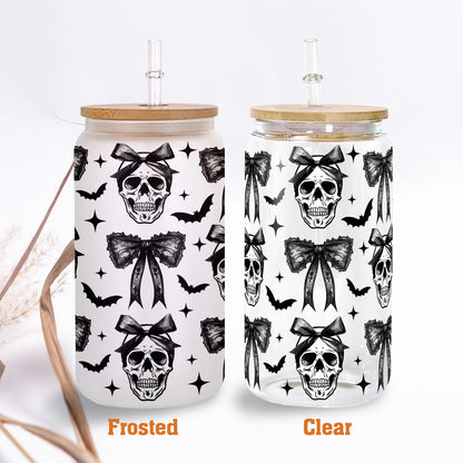 Petthouse | Halloween Skull Black Bow Glass Can, Retro Halloween Glass Can, Halloween Spooky Season Glass