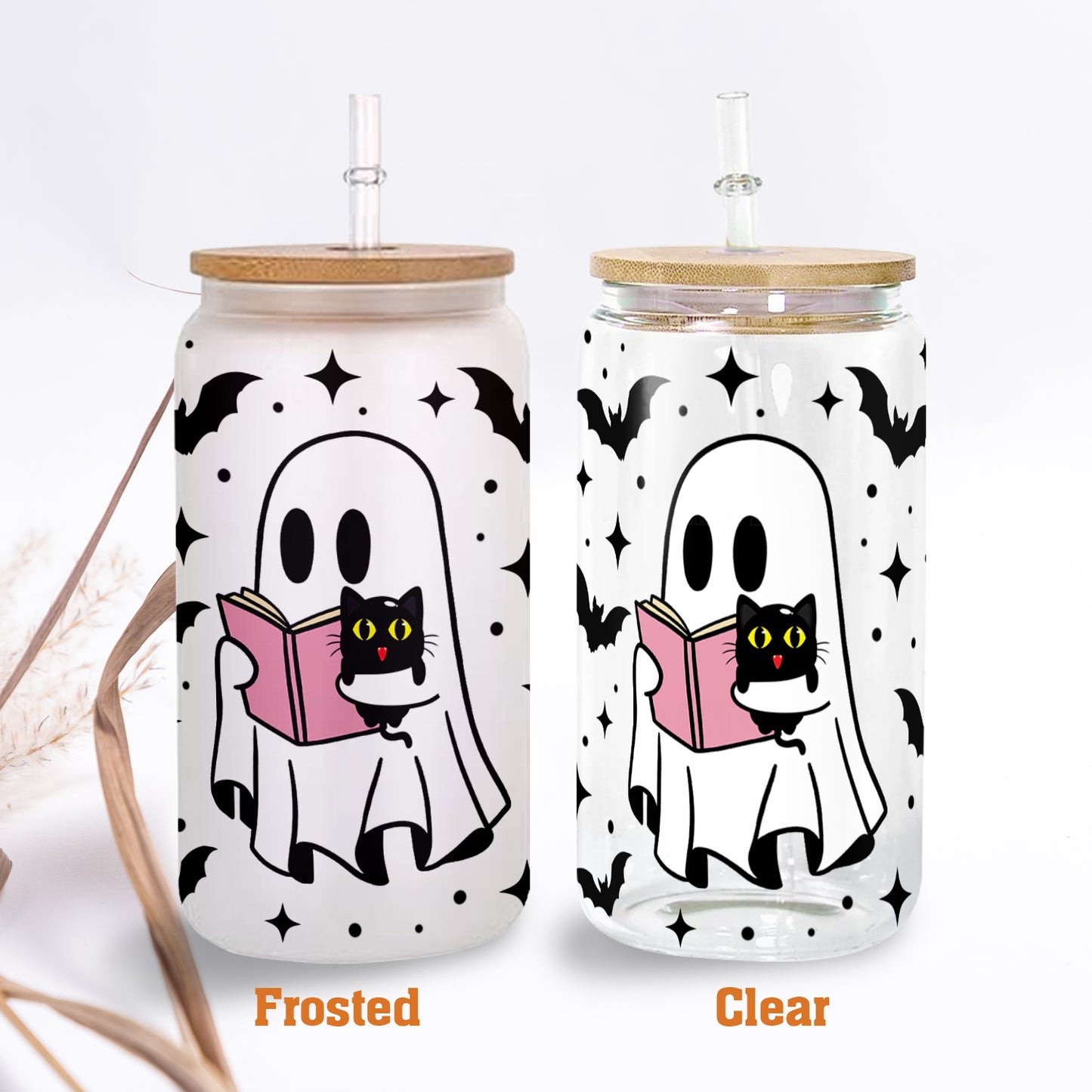 Petthouse | Cute Ghost Reading Book Glass Cup, Spooky Season, Black Cat Glass, Halloween Gift