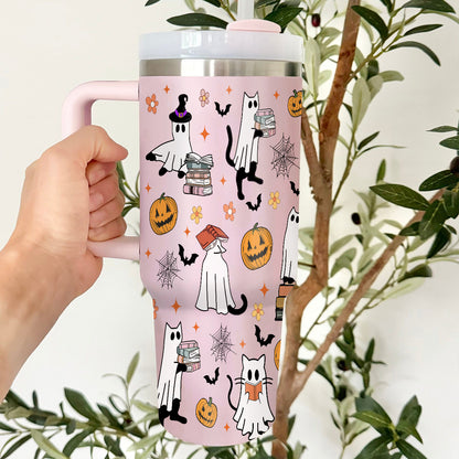 Petthouse | Halloween Cat Ghost Reading 40oz Tumbler, Spooky Cat Bookish Stainless Steel Tumbler, Ghost Cat