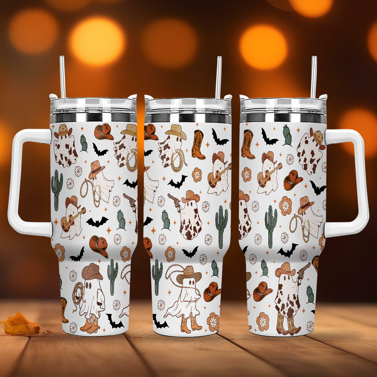 Petthouse | Western Ghost 40oz Tumbler, Halloween Ghost Cowboy Tumbler Wrap, Spooky Western Ghost