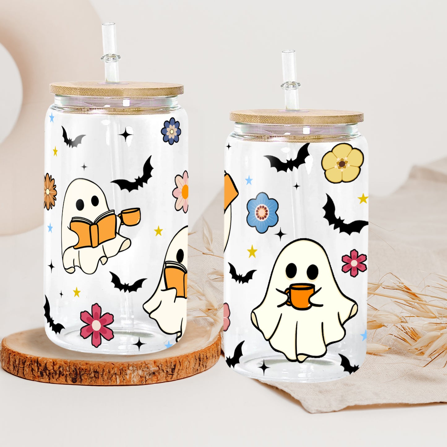 Petthouse | Halloween Ghost Book Lover Can Glass Wrap, Ghost Reading Glass Can, Funny Halloween Libbey Glass