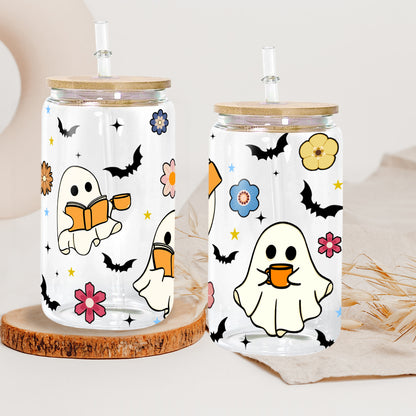 Petthouse | Halloween Ghost Book Lover Can Glass Wrap, Ghost Reading Glass Can, Funny Halloween Libbey Glass