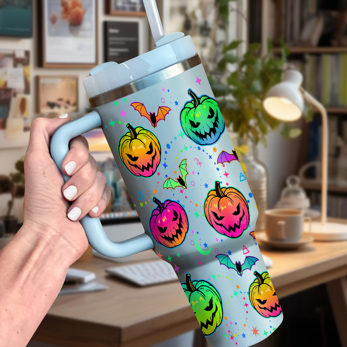 Petthouse | Halloween Bat And Pumpkin 40oz Tumbler, Halloween Spooky Tumbler Wrap, Mystic Halloween