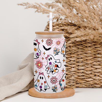 Petthouse | Spooky Ghost Glass Can, Retro Groovy Flowers Ghost Halloween Glass Cup, Ghost Spooky Vibes