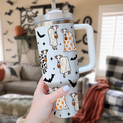 Petthouse | Halloween Cow Ghost 40oz Tumbler, Funny Ghost Cow Pumpkin Halloween Tumbler, Spooky Cow