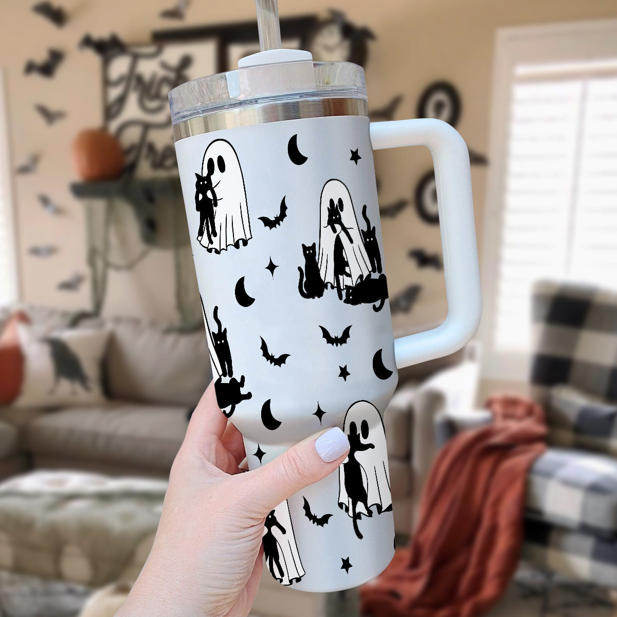 Petthouse | Cute Ghost Cat Halloween 40oz Tumbler,  Spooky Black Cat, Halloween Ghost Cat Mom Gift