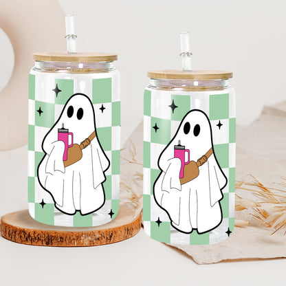 Petthouse | Ghost Halloween Glass Can, Spooky Vibes checkerboard Ghost Glass, Checkered Ghost Coffee