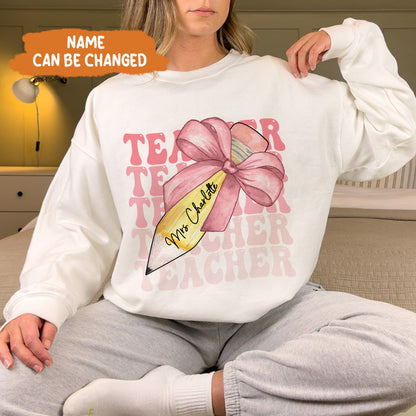 Petthouse | Custom Teacher Pencil Coquette Bow Shirt, Teach Love Inspire Techer Back To School