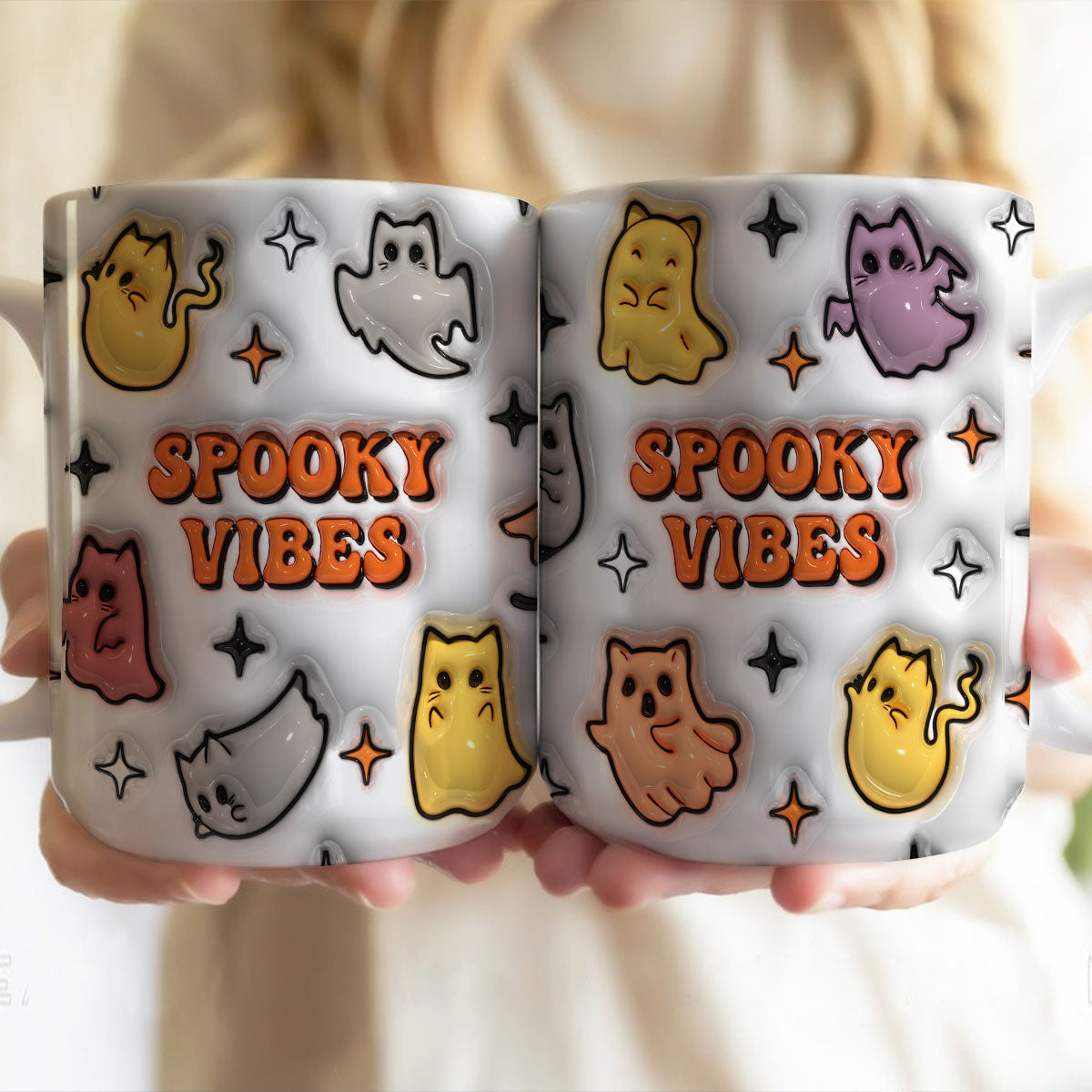 Petthouse | Cute Ghost Cat Mug, Spooky Vibes 3d Inflated Print Mug, Fall Coffee Mug, Cat Lover Gift