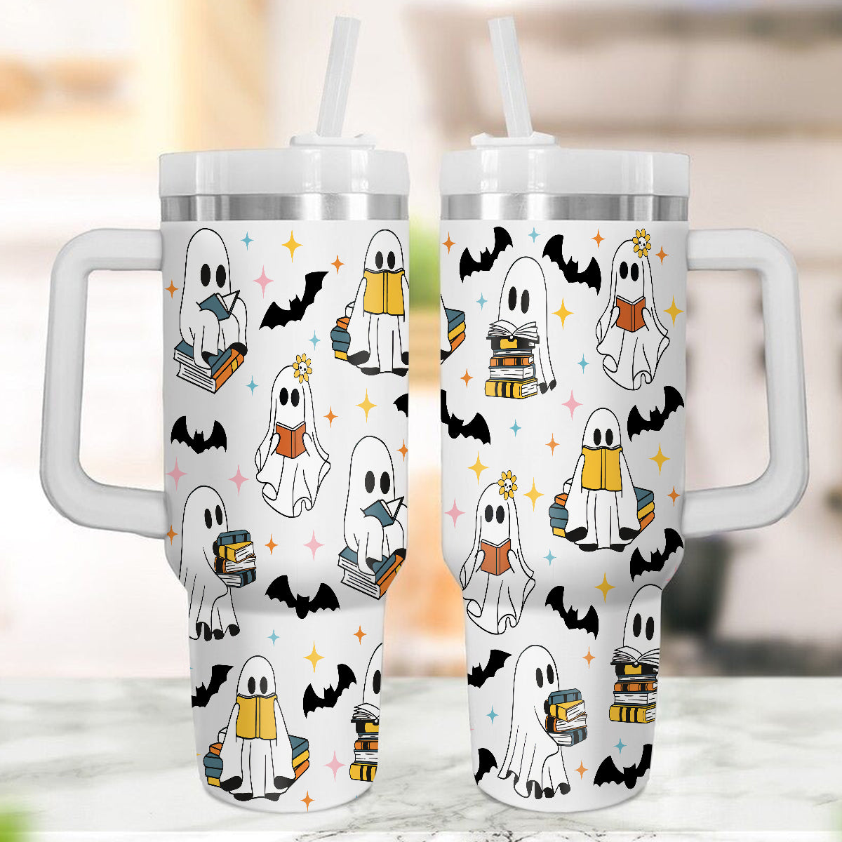 Petthouse | Cute Ghost Reading 40oz Tumbler, Halloween Bookish 40oz Tumbler, Spooky Ghost Reading Tumbler