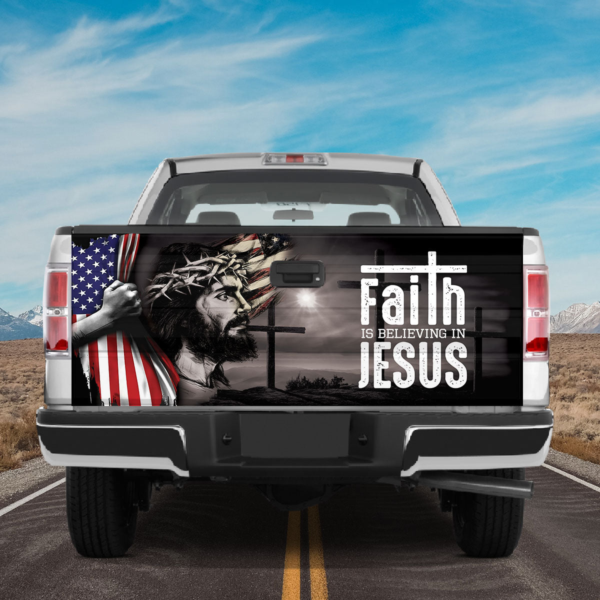 Petthouse | Jesus American Flag Tailgate Graphics Faith Is Believing In Jesus Tailgate Vinyl Us Independence Day Gift