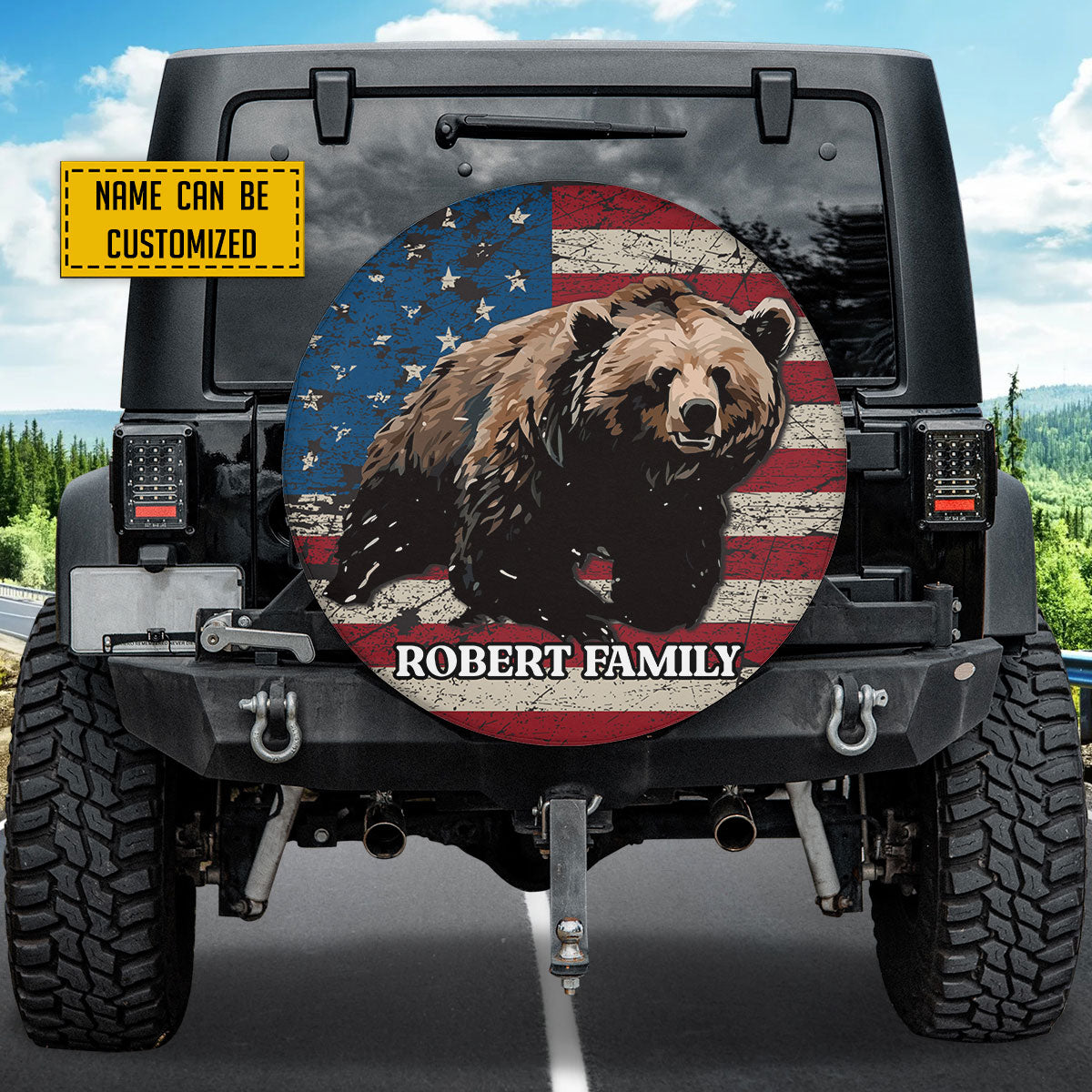 Petthouse | Customized Name Hunting Bear Forest American Flag Spare Tire Cover Wild Bear Durable Tire Protector