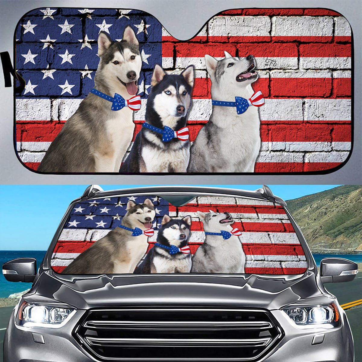 Petthouse | Dog Sunshade American Patriot Windshield Sun Shade Siberian Husky American Flag Car Sun Shade