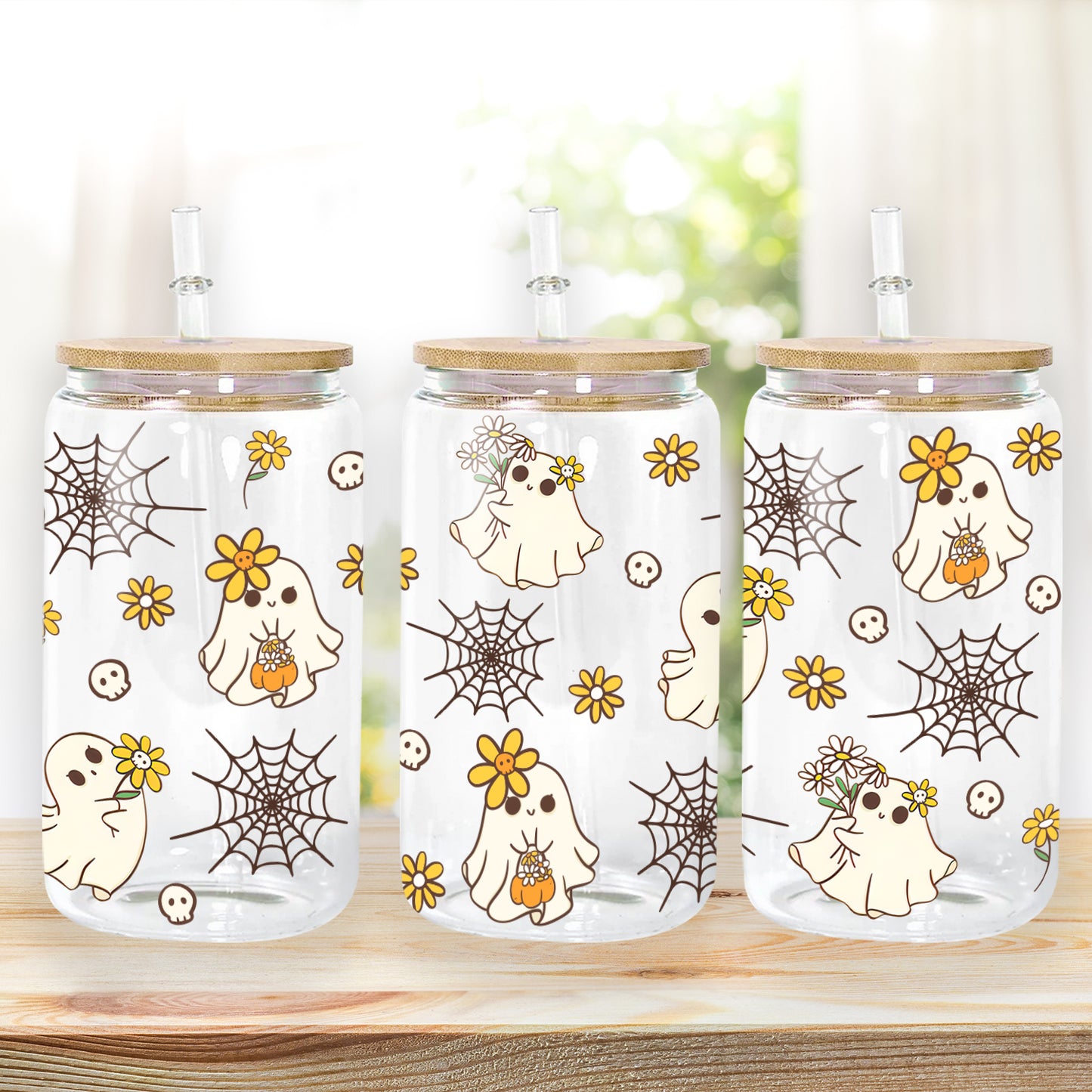 Petthouse | Halloween Ghost Cute Glass Can, Ghost Spooky Vibes Glass Can, Spooky Cute Glass Tumbler Cup Wrap