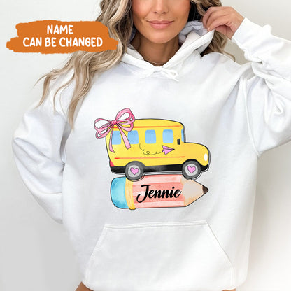 Petthouse | Personalized School Bus With Name Bow Shirt, Coquette Back To School Shirt, School Girl