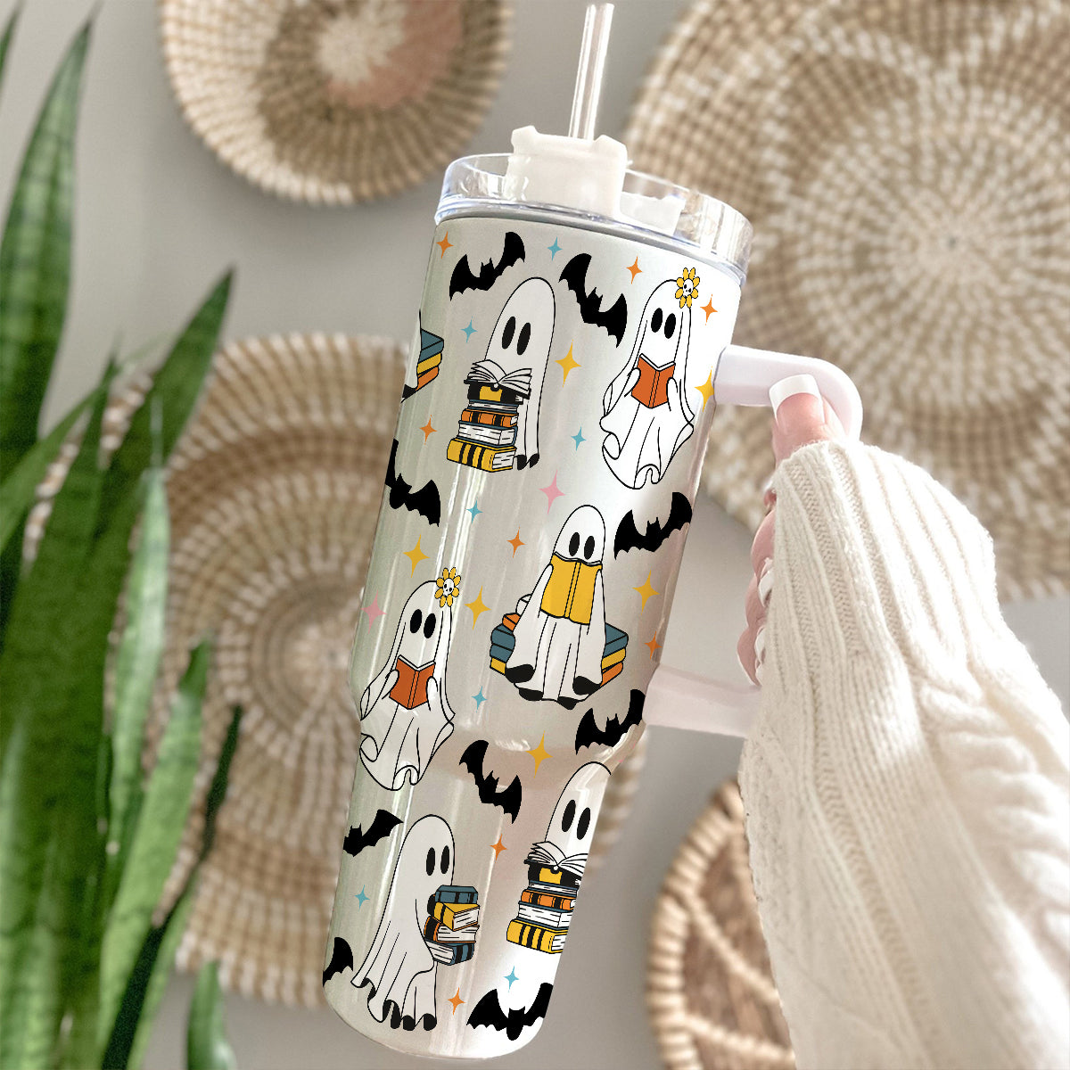 Petthouse | Cute Ghost Reading 40oz Tumbler, Halloween Bookish 40oz Tumbler, Spooky Ghost Reading Tumbler