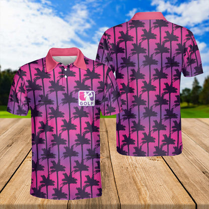 Petthouse | Golf Sport Palm Trees Seamless Pattern Gradient Background Polo Shirt Love Golf Polo Shirt Short Sleeve Dad Gift