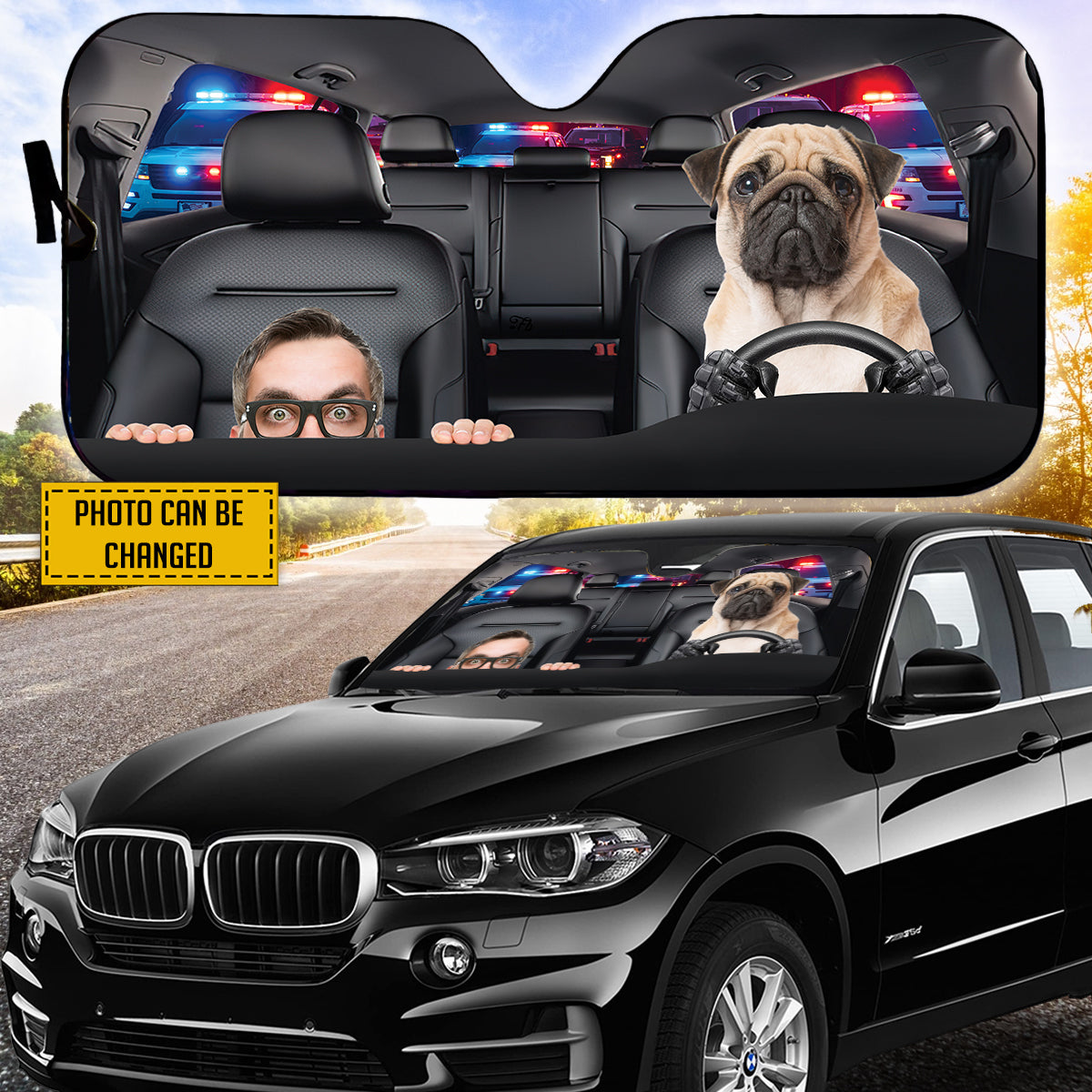 Petthouse | Customized Dog's Photo Windshield Sun Shade Pug Help Me Police Automotive Interior Sun Protection