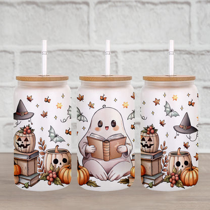 Petthouse | Bookish Ghost Glass Can, Ghost Halloween Glass, Ghost Cute Book Iced Coffee Cup, Cute Reader