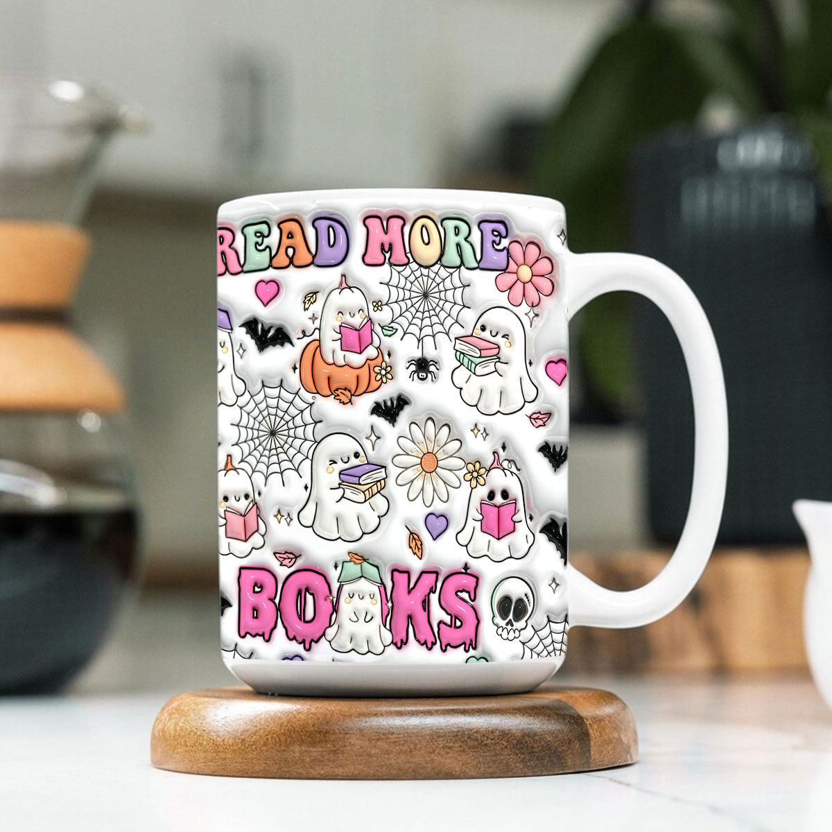 Petthouse | Inflated Book Lover Halloween Mug, Spooky Teacher Mug, Ghost Book Nerd Mug, Reading Books