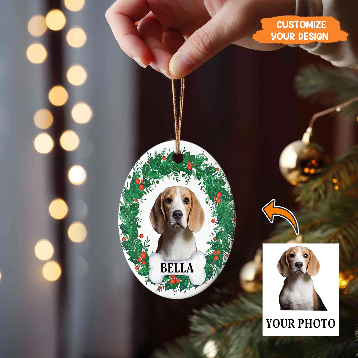 Petthouse | Personalize Dog Photo Ornament, Dog Christmas Wreath Ornament, Forever Love, Ornament Decor Tree