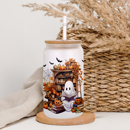 Petthouse | Cute Ghost Reading Book Glass Can, Ghostly Bookish Cup, Housewarming Party, Halloween Book