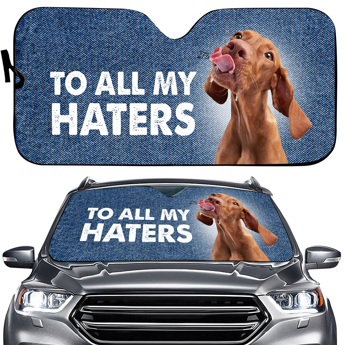 Petthouse | Vizsla To All My Haters Sunshades For Car Funny Dog Sunshade Denim Windshield Cover Weatherproof