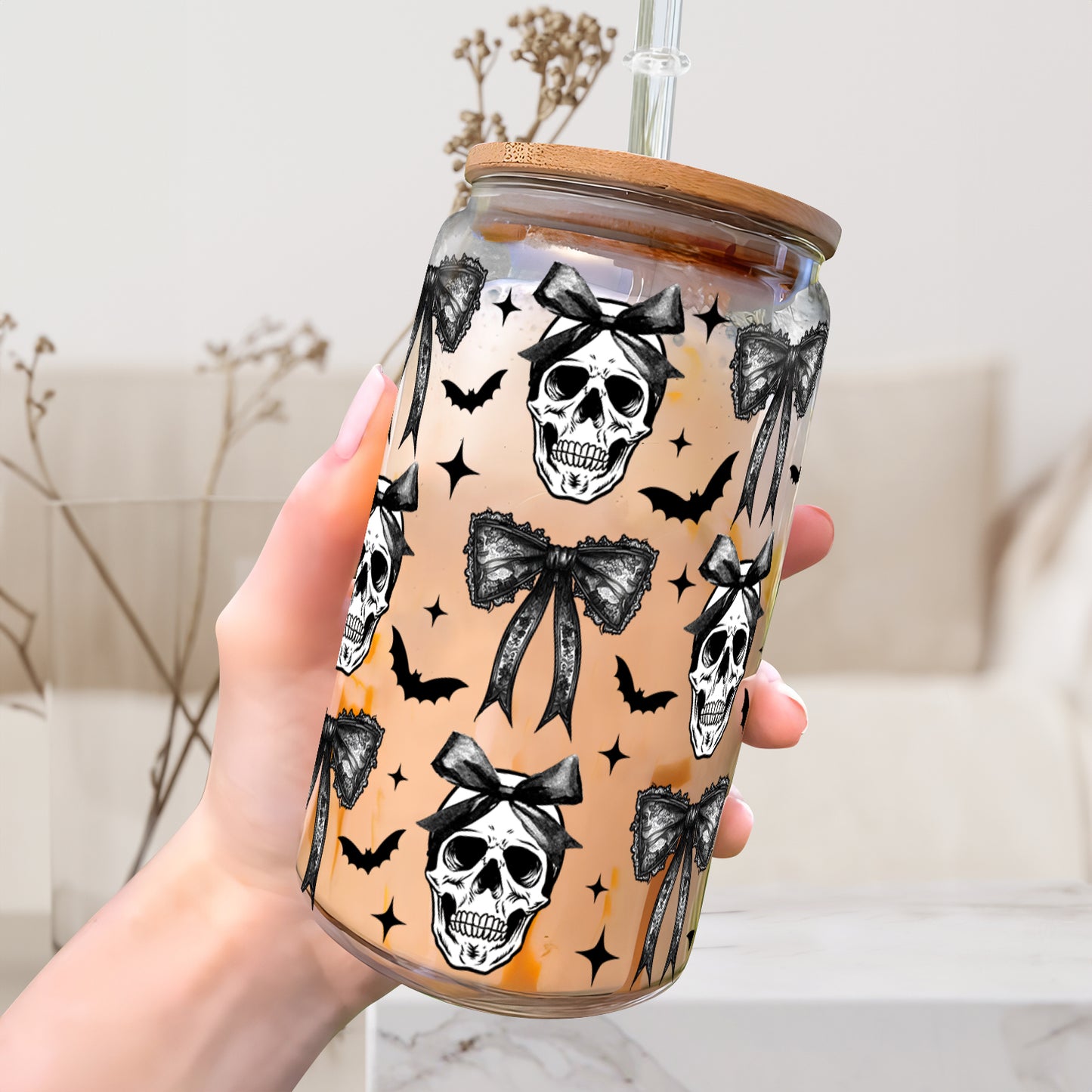 Petthouse | Halloween Skull Black Bow Glass Can, Retro Halloween Glass Can, Halloween Spooky Season Glass