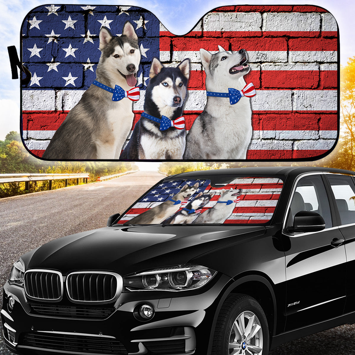 Petthouse | Dog Sunshade American Patriot Windshield Sun Shade Siberian Husky American Flag Car Sun Shade