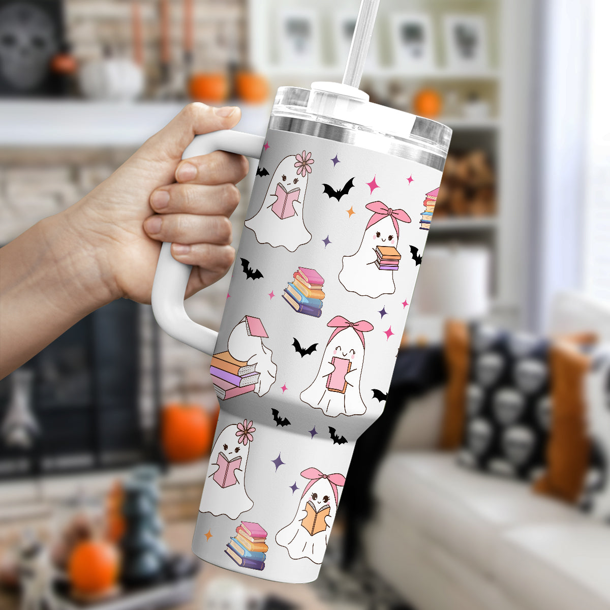 Petthouse | Cute Ghost Reading 40oz Tumbler, Halloween Bookish Tumbler, Halloween Gift For Book Lovers