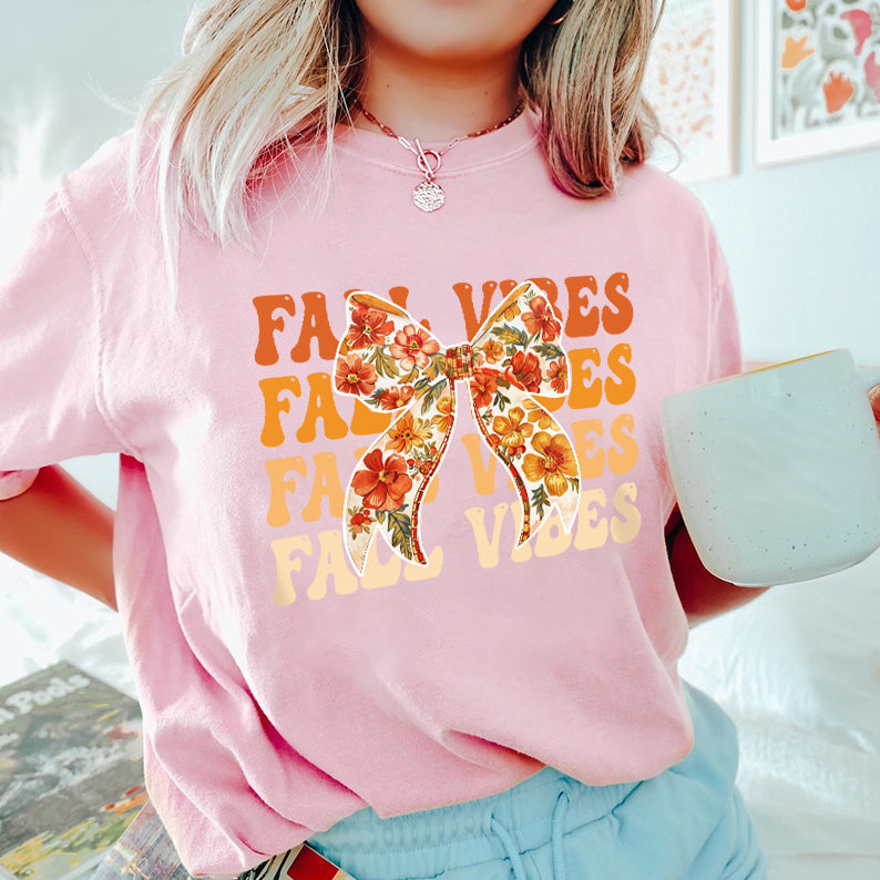 Petthouse | Coquette Floral Fall Vibes Shirt, Retro Fall Bow Shirt Fall Coquette Bow Autumn Pumpkin