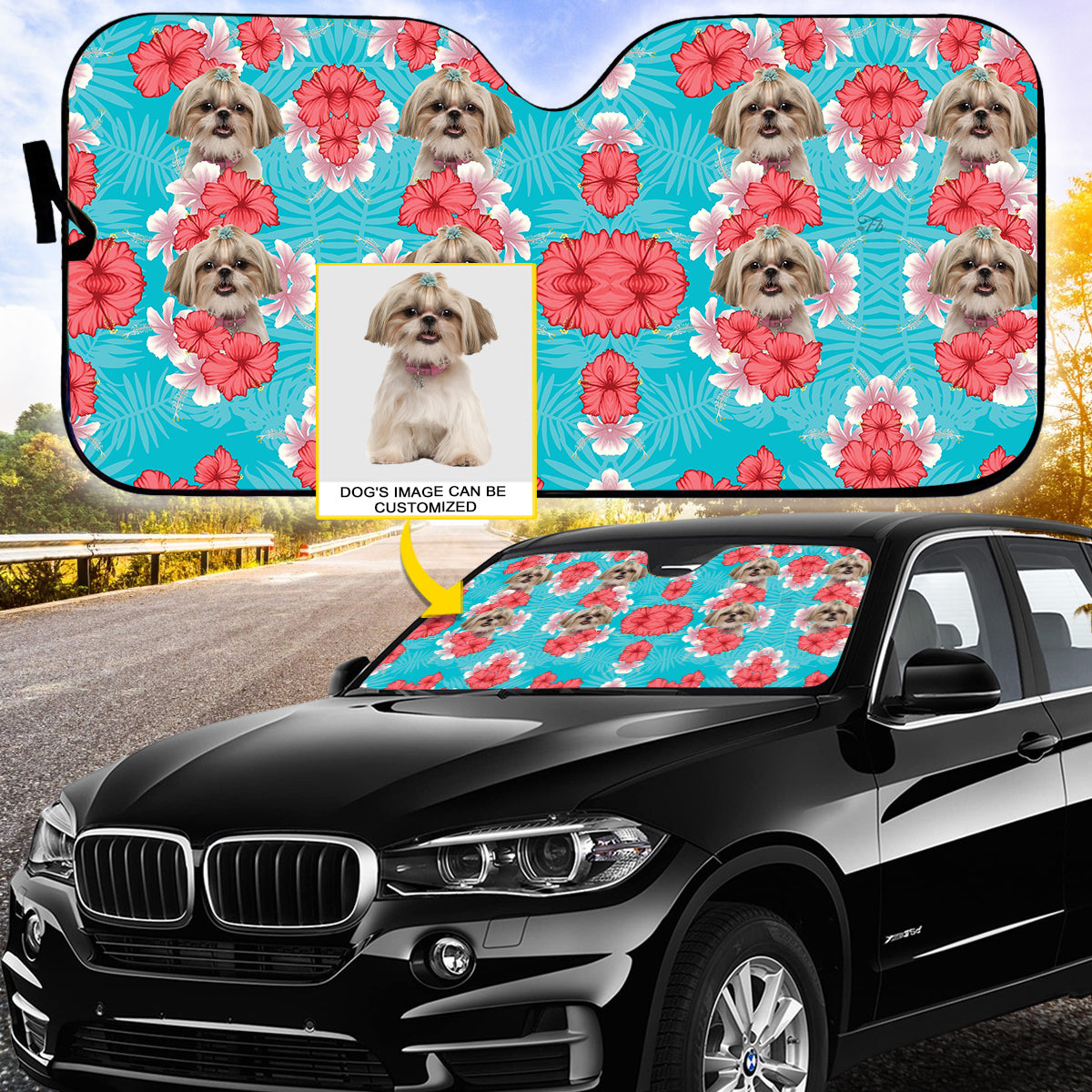 Petthouse | Personalized Dog Sunshade Cute Shih Tzu Hawaii Pattern Car Sun Shade Windshield Sun Visor