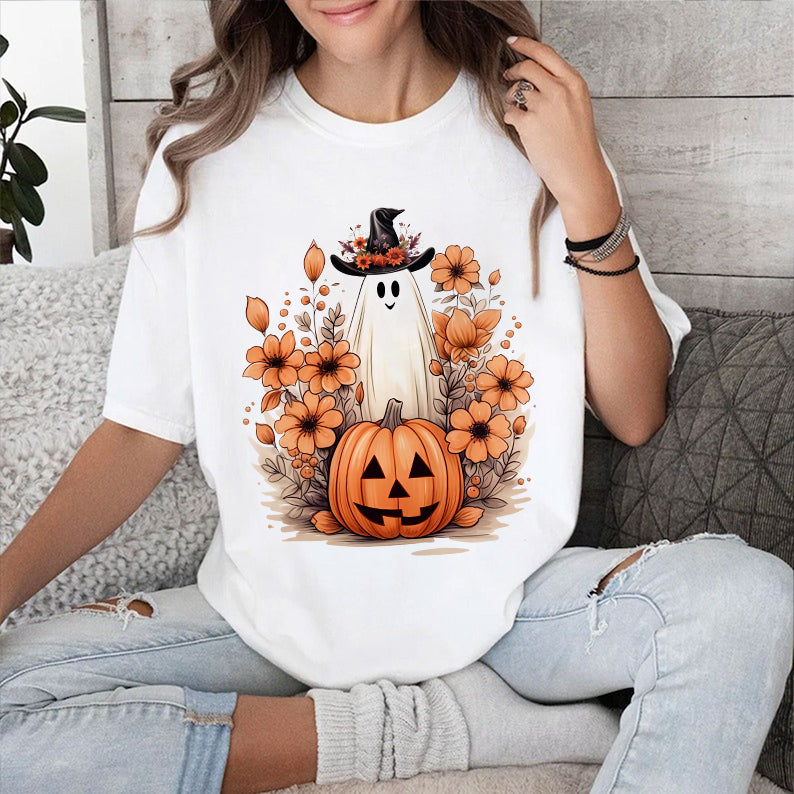 Petthouse | Cute Ghost Pumpkin T-shirt, Fall Autumn Halloween, Floral Ghost Pumpkin, Halloween Shirt