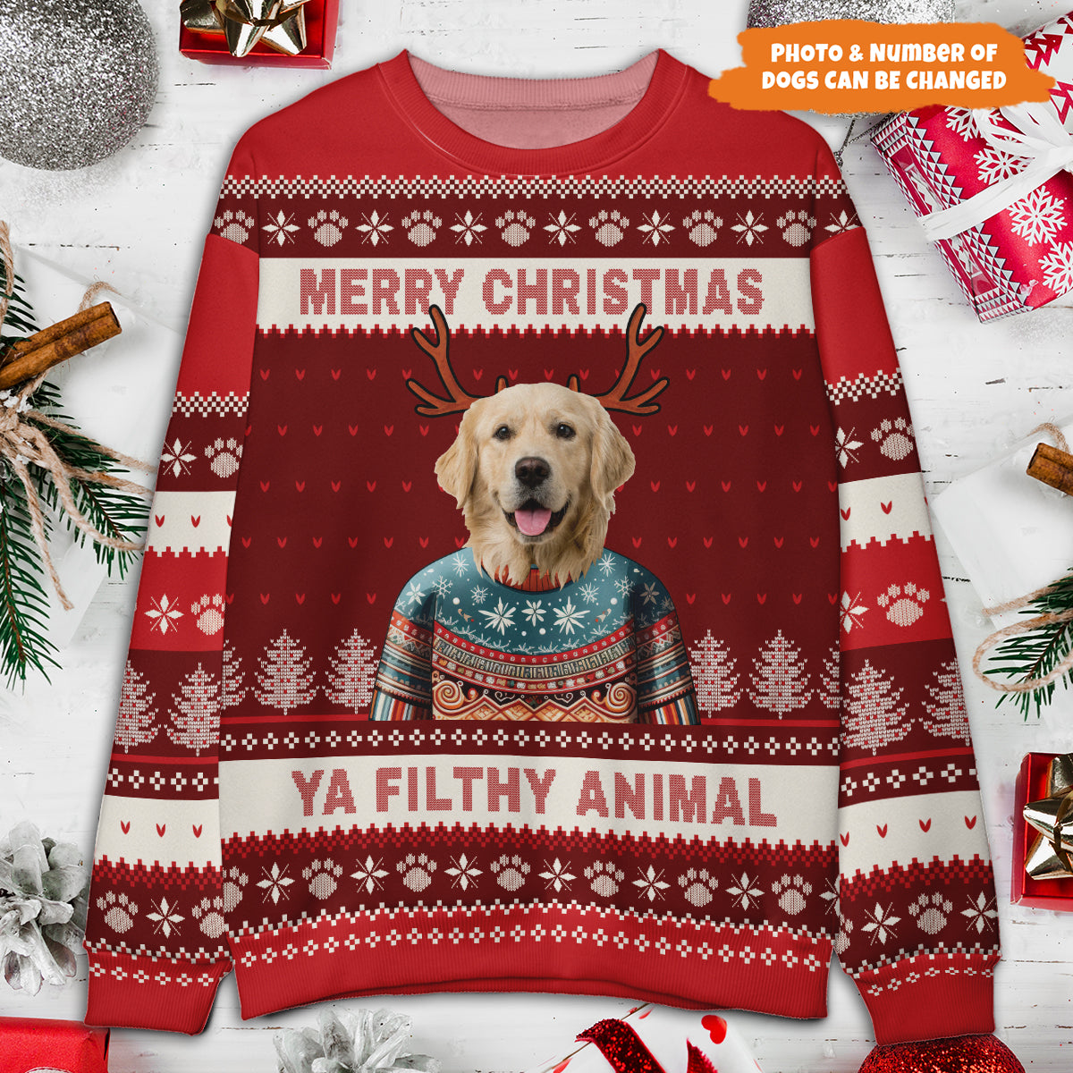 Petthouse | Merry Christmas Ya Filthy Animal Ugly Sweater, Personalized Dog Photo Ugly Christmas Sweater