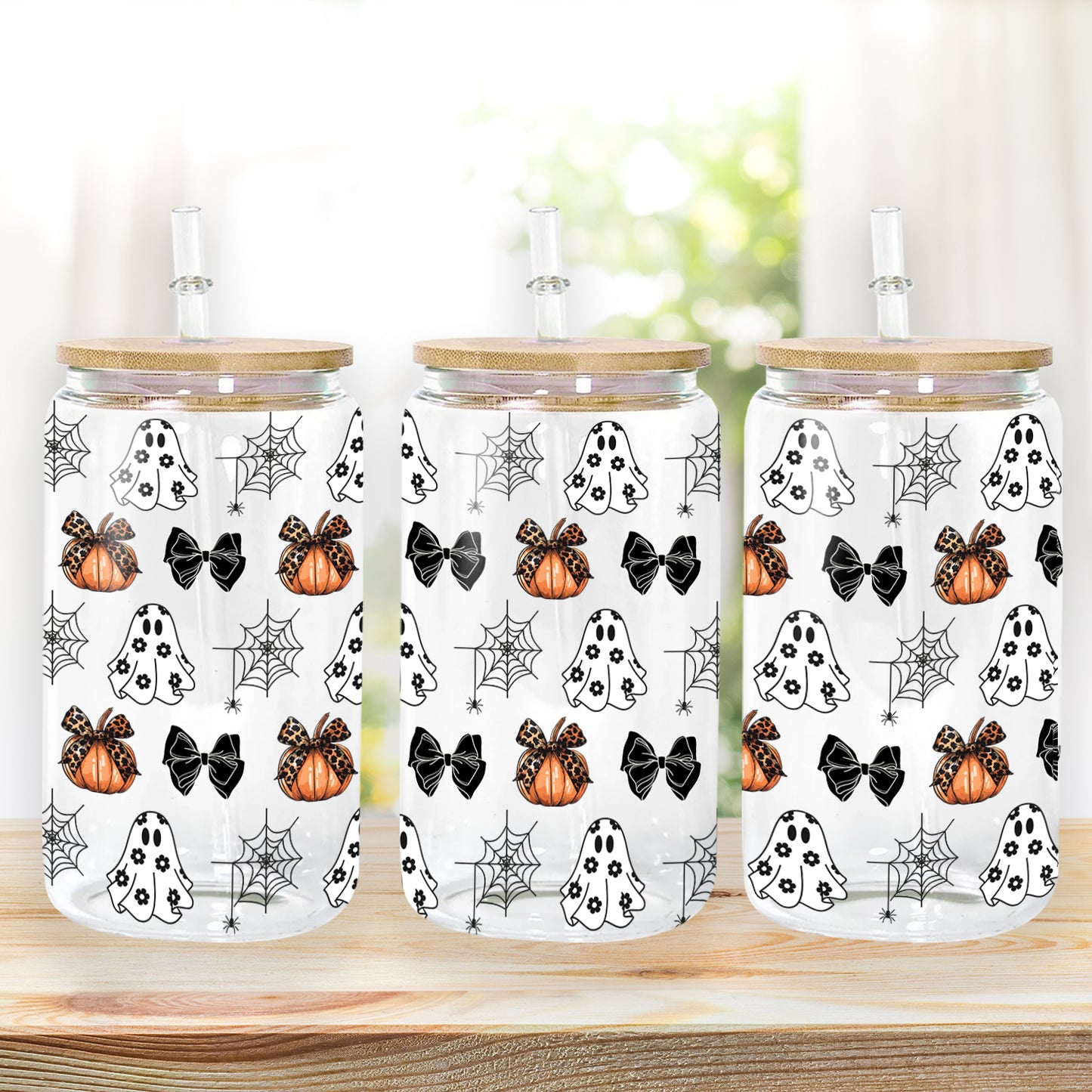 Petthouse | Bows Ghosts Halloween Glass Can, Bows Ghosts And Pumpkins Glass Can, Halloween Coffee