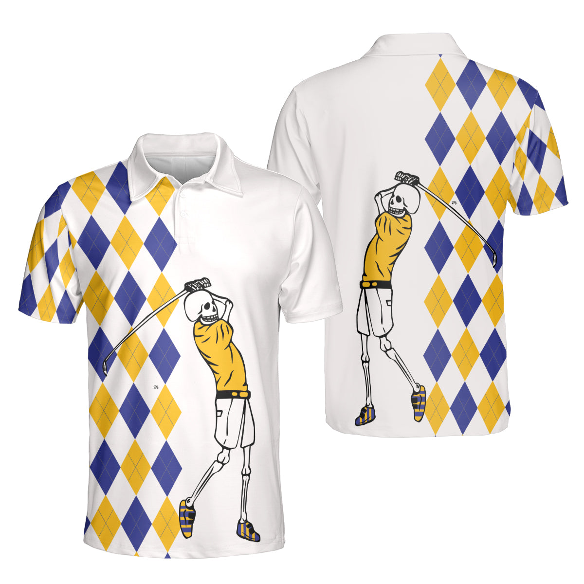 Petthouse | Skeleton Golf Blue And Yellow Argyle Pattern Polo Shirt Skull Golf Player Sport Shirt Golf Lovers Gift