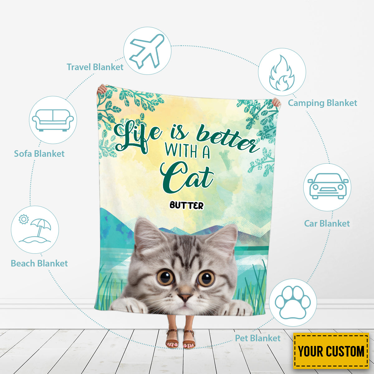 Petthouse | Personalized Cat Collage Fleece Blanket, Life Is Better With A Cat Throw Blanket, Positive Encourage