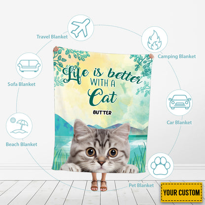 Petthouse | Personalized Cat Collage Fleece Blanket, Life Is Better With A Cat Throw Blanket, Positive Encourage