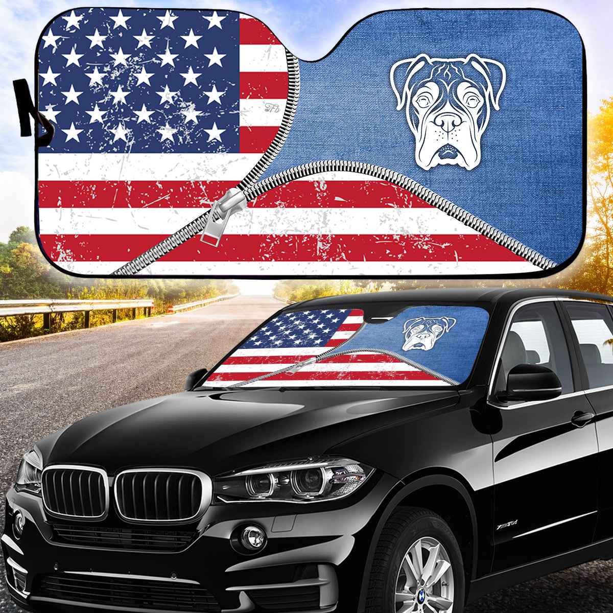 Petthouse | Boxer Dog Denim American Car Sunshade Windshield Sun Shade American Flag Car Sun Shade Windshield