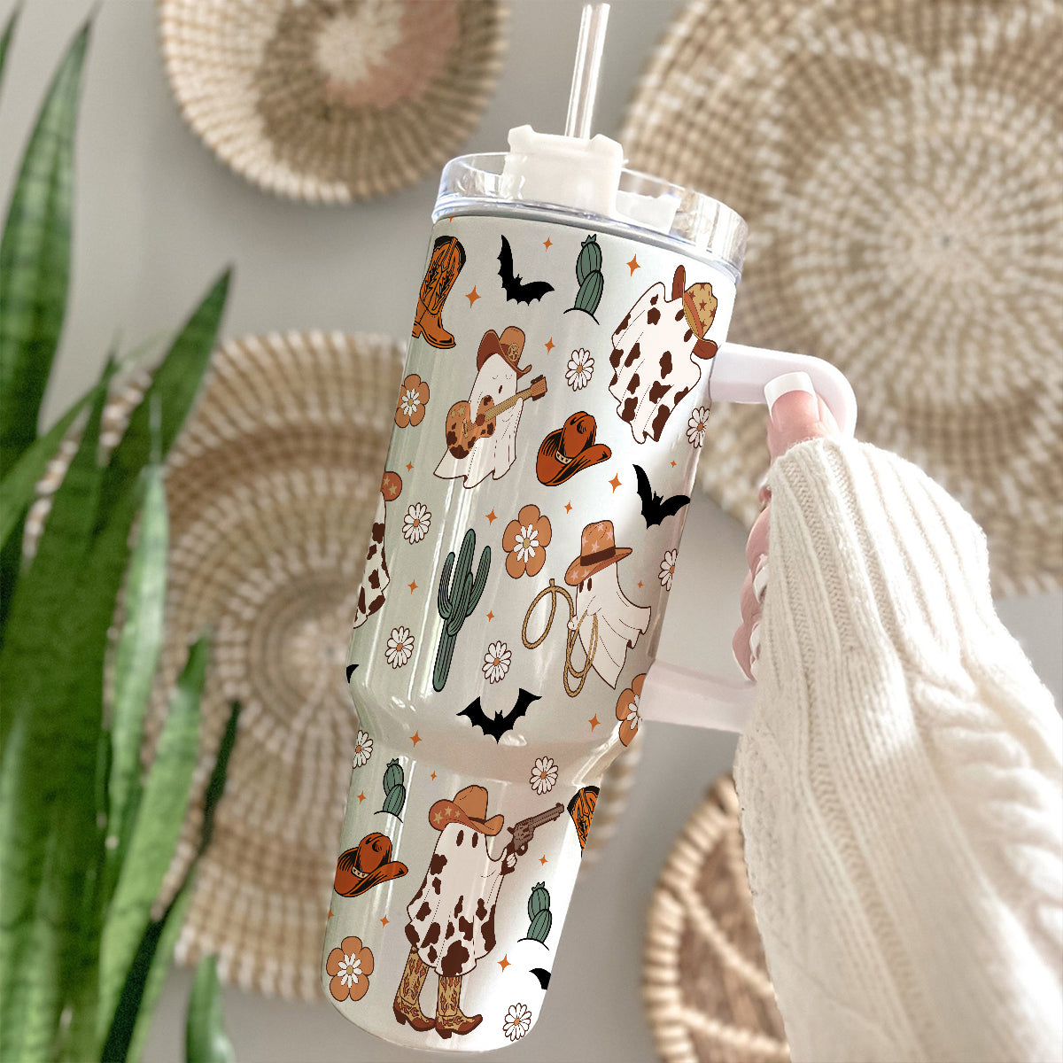 Petthouse | Western Ghost 40oz Tumbler, Halloween Ghost Cowboy Tumbler Wrap, Spooky Western Ghost