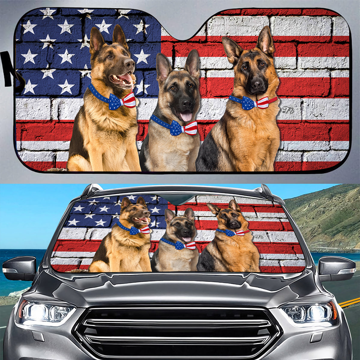 Petthouse | German Shepherd Patriot Windshield Sun Shade American Flag Brick Wall Truck Window Shades