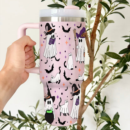 Petthouse | Spooky Vibes Ghost Cat 40oz Tumbler, Halloween Ghost Cat, Spooky Black Cat Cup, Cat Lover