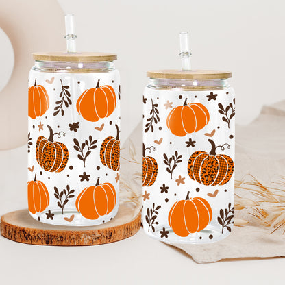 Petthouse | Fall Pumpkins Glass Can, Fall Pumpkins Glass Tumbler, Fall Coffee Glass, Leopard Pumpkin