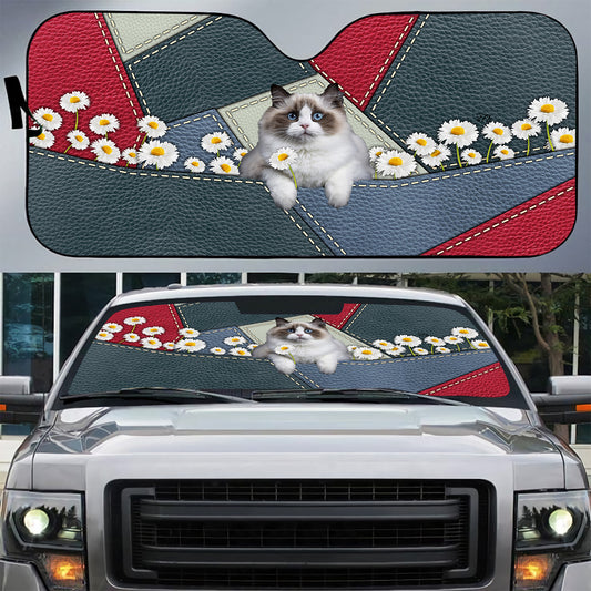 Petthouse | Ragdoll Windshield Sun Shade Cat Cat Leather Patchwork Daisy Print Windshield For Cat Mom