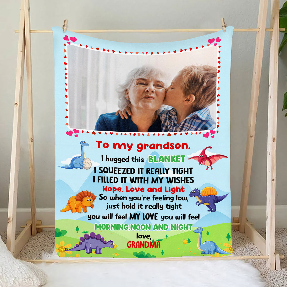 Petthouse | Dinosaur Blanket, Custom Photo Grandma Throw Blanket, Grandson Just Hold It Tight Soft Blanket