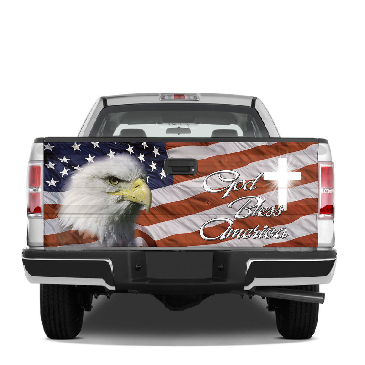 Petthouse | God Bless America Tailgate Wrap Vinyl Graphic Decal Christian Cross American Flag Truck Decoration